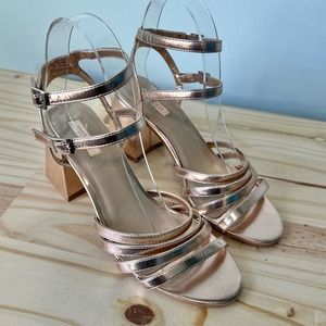 Forever 21 Metallic Rose Gold Strappy Block Heel Sandals